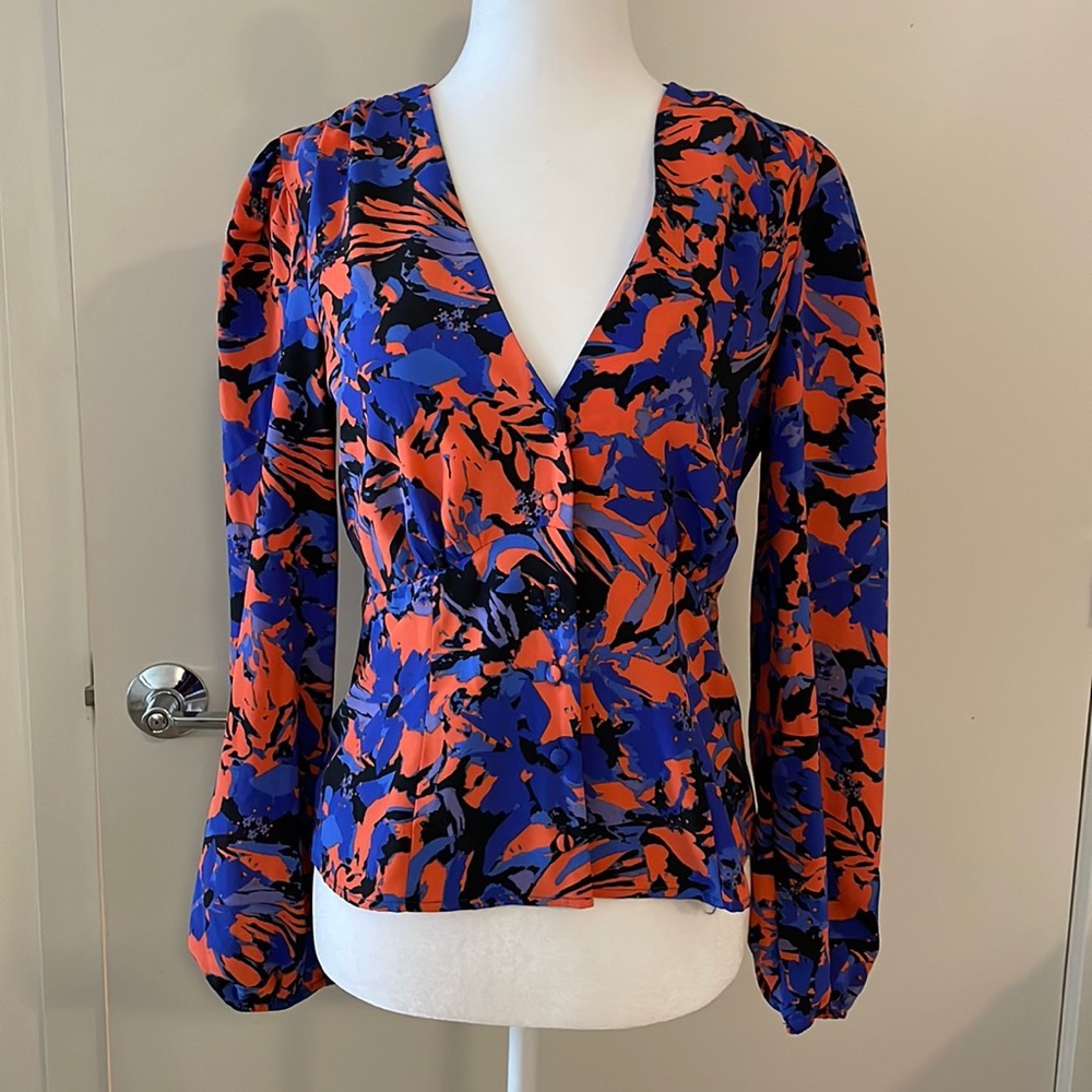 Cobalt, coral, black floral buttoned blouse